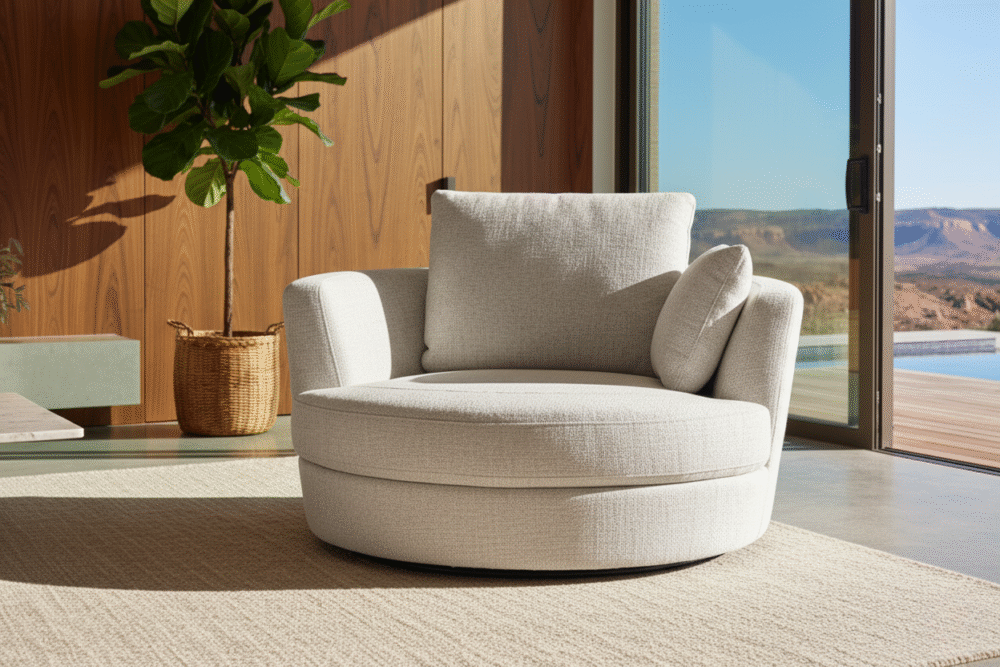 Cuddle Swivel Chair in Byron Almond Fabric - Image 2