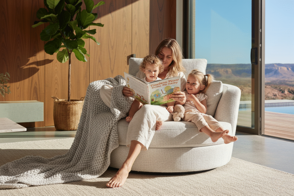 Cuddle Swivel Chair in Byron Almond Fabric