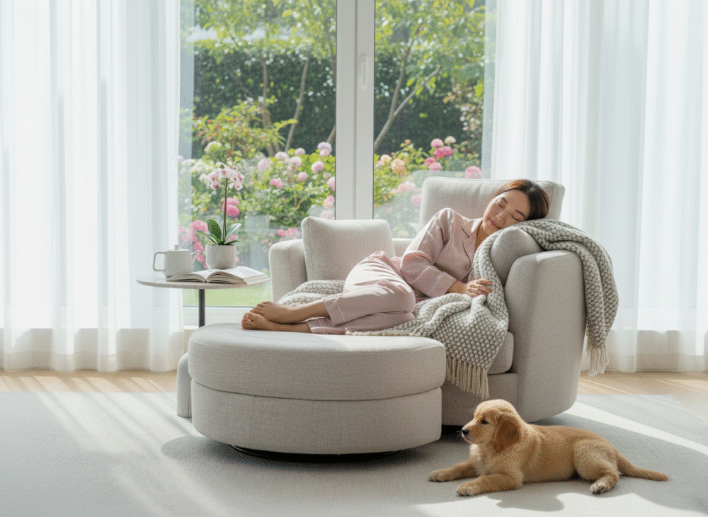 Cuddle Swivel Chair & Ottoman in Byron Almond Fabric