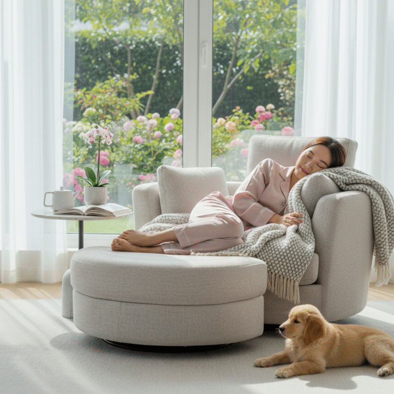 Cuddle Swivel Chair & Ottoman in Byron Almond Fabric