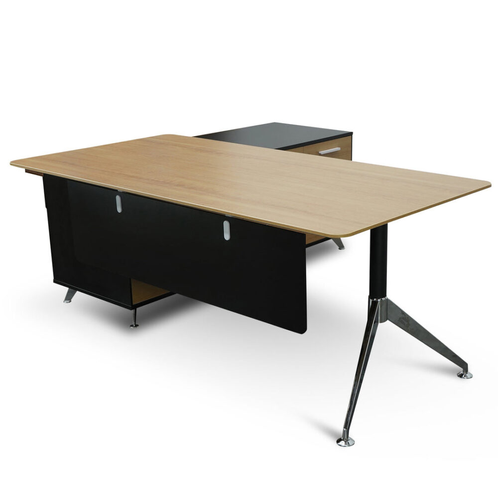 Excel 1.95m Right Return Black Executive Desk - Natural Top and Drawers - Image 2