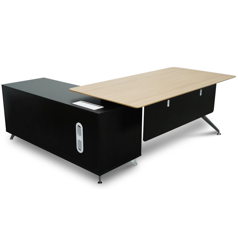 Excel 1.95m Right Return Black Executive Desk - Natural Top and Drawers - Image 3