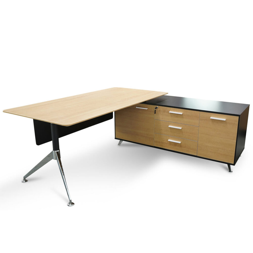 Excel 1.95m Right Return Black Executive Desk - Natural Top and Drawers - Image 4
