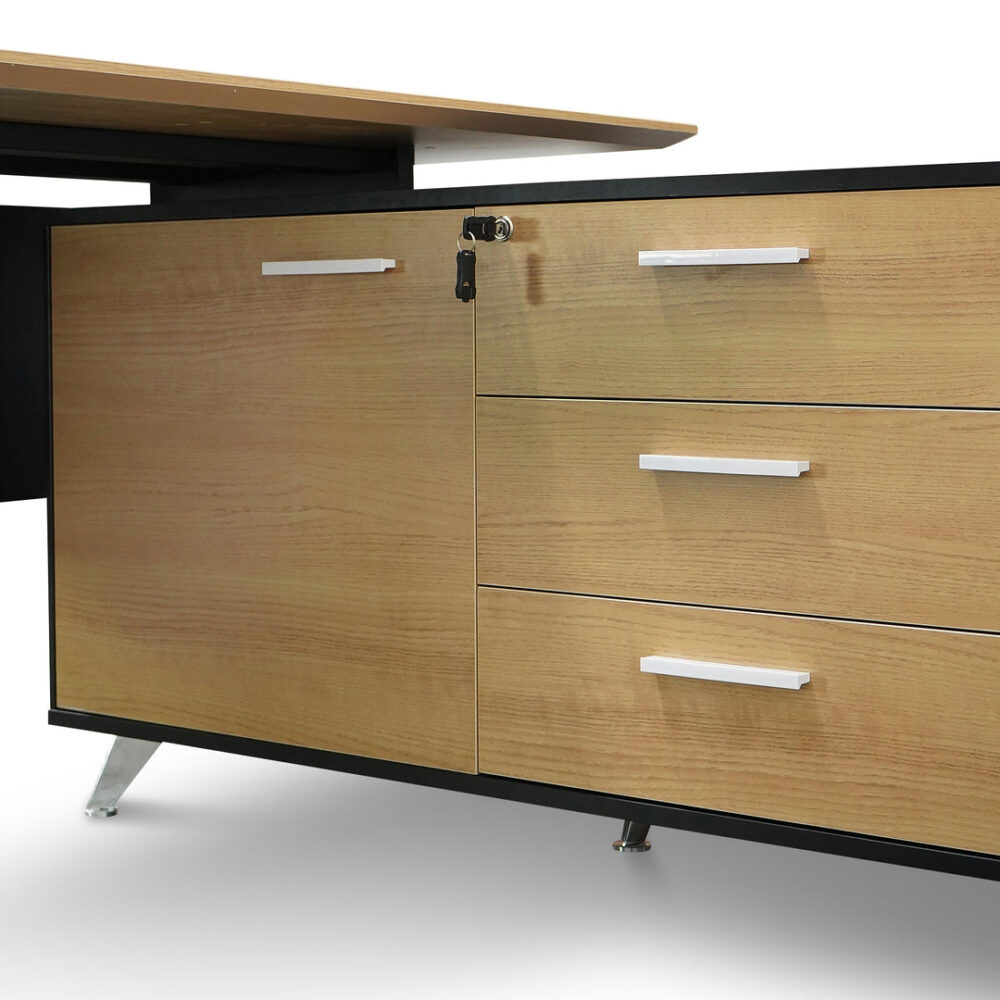 Excel 1.95m Right Return Black Executive Desk - Natural Top and Drawers - Image 8
