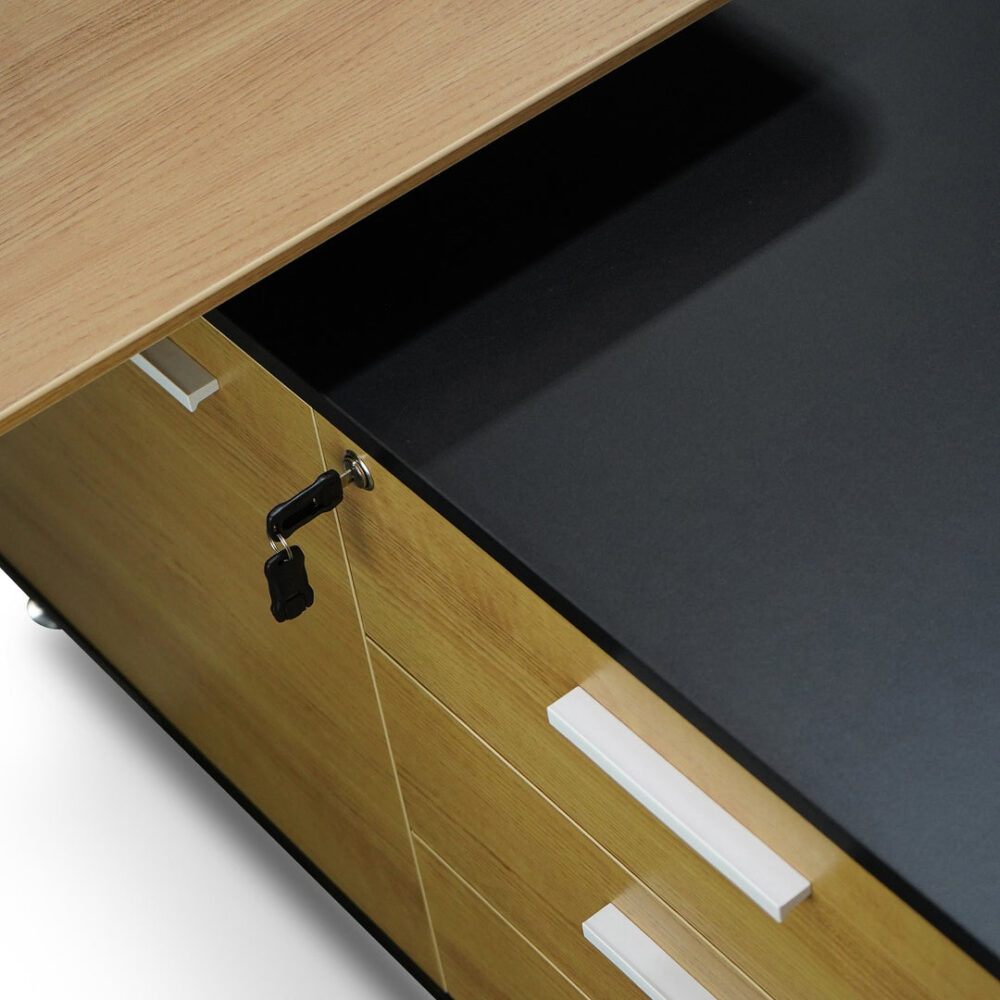 Excel 1.95m Right Return Black Executive Desk - Natural Top and Drawers - Image 9
