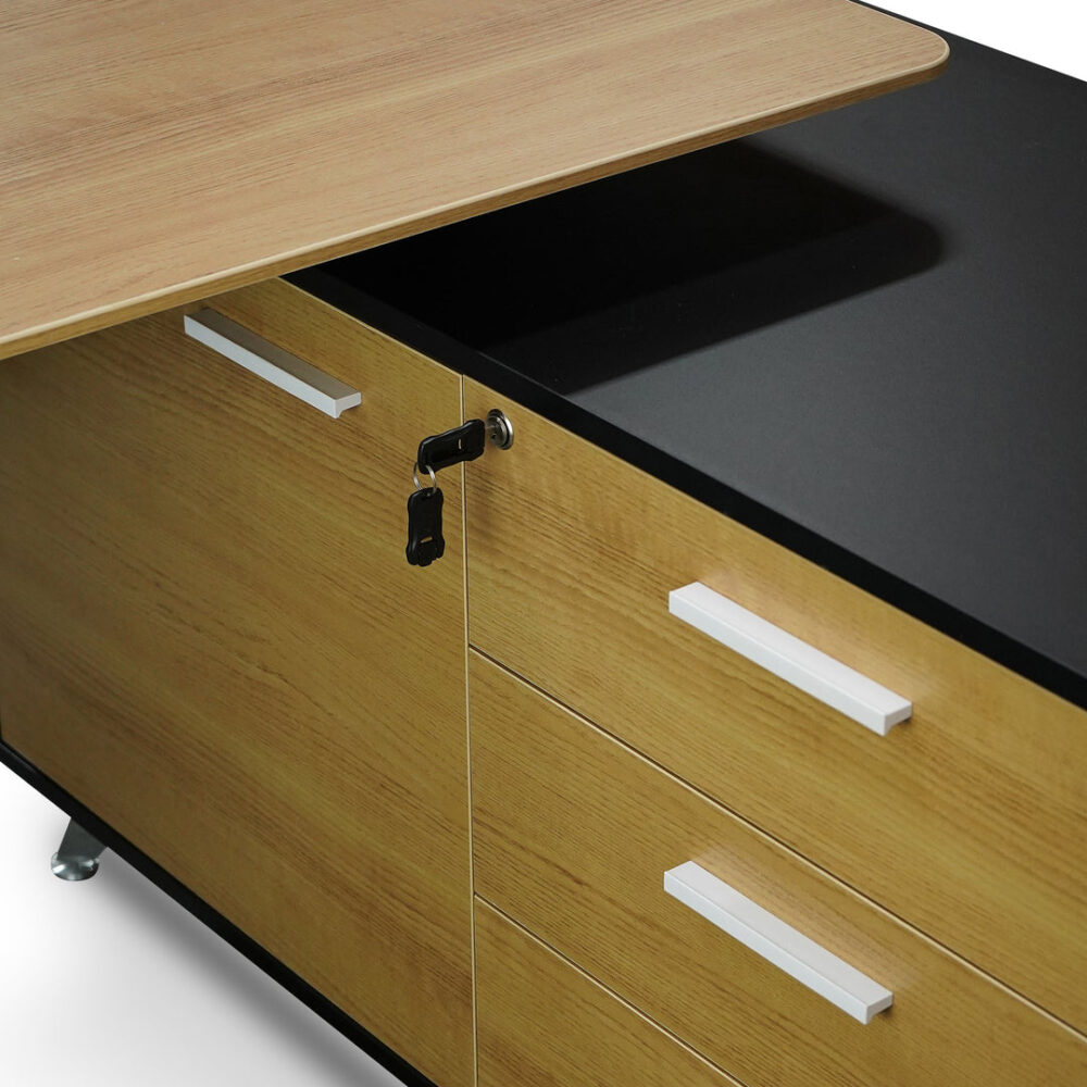 Excel 1.95m Right Return Black Executive Desk - Natural Top and Drawers - Image 10