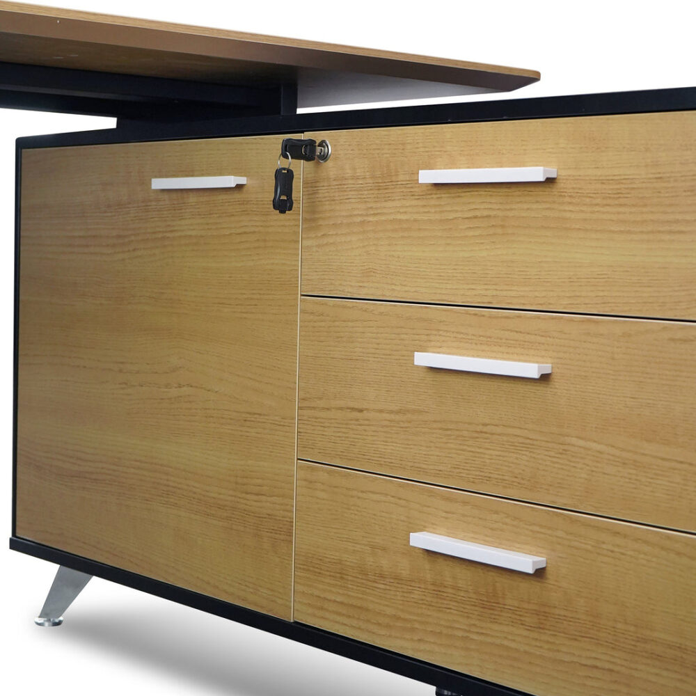 Excel 1.95m Right Return Black Executive Desk - Natural Top and Drawers - Image 11
