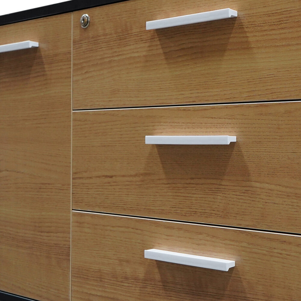 Excel 1.95m Right Return Black Executive Desk - Natural Top and Drawers - Image 13