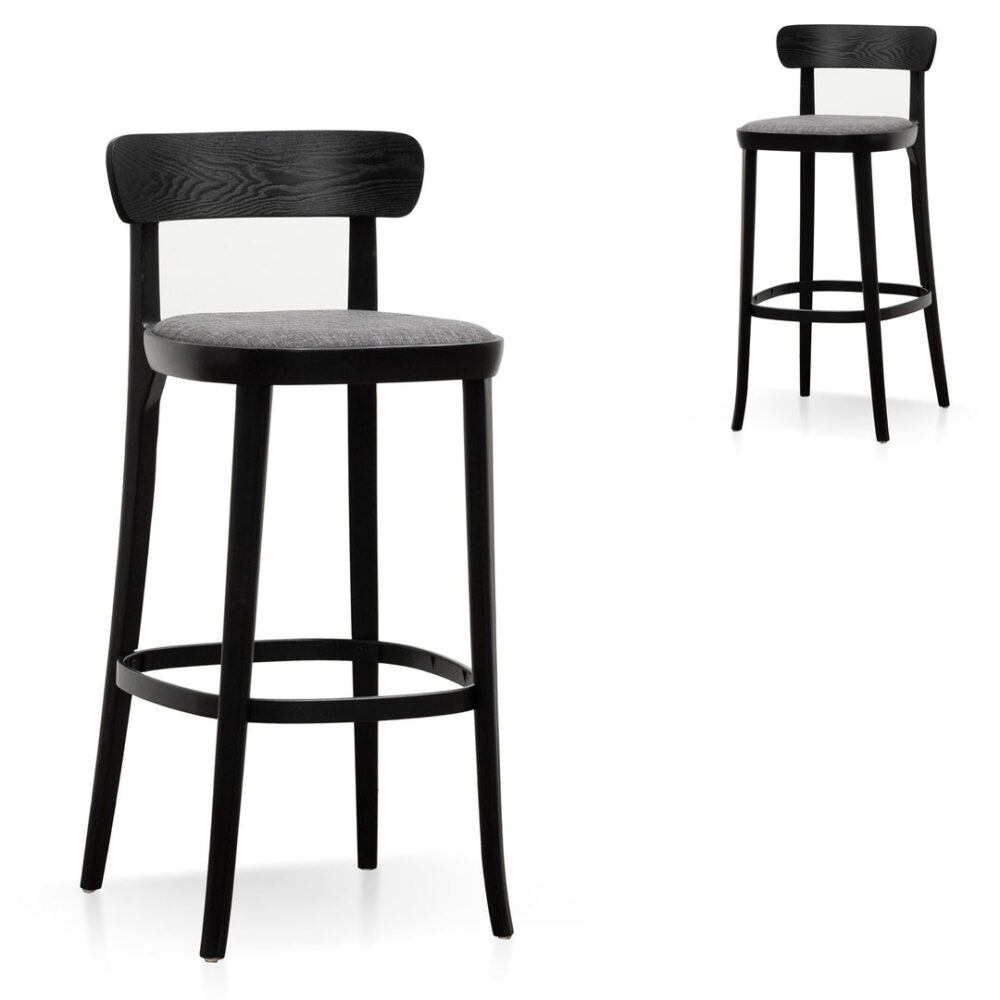 Set of 2 - Josue 65cm Fabric Bar Stool - Black with Pepper Grey Seat