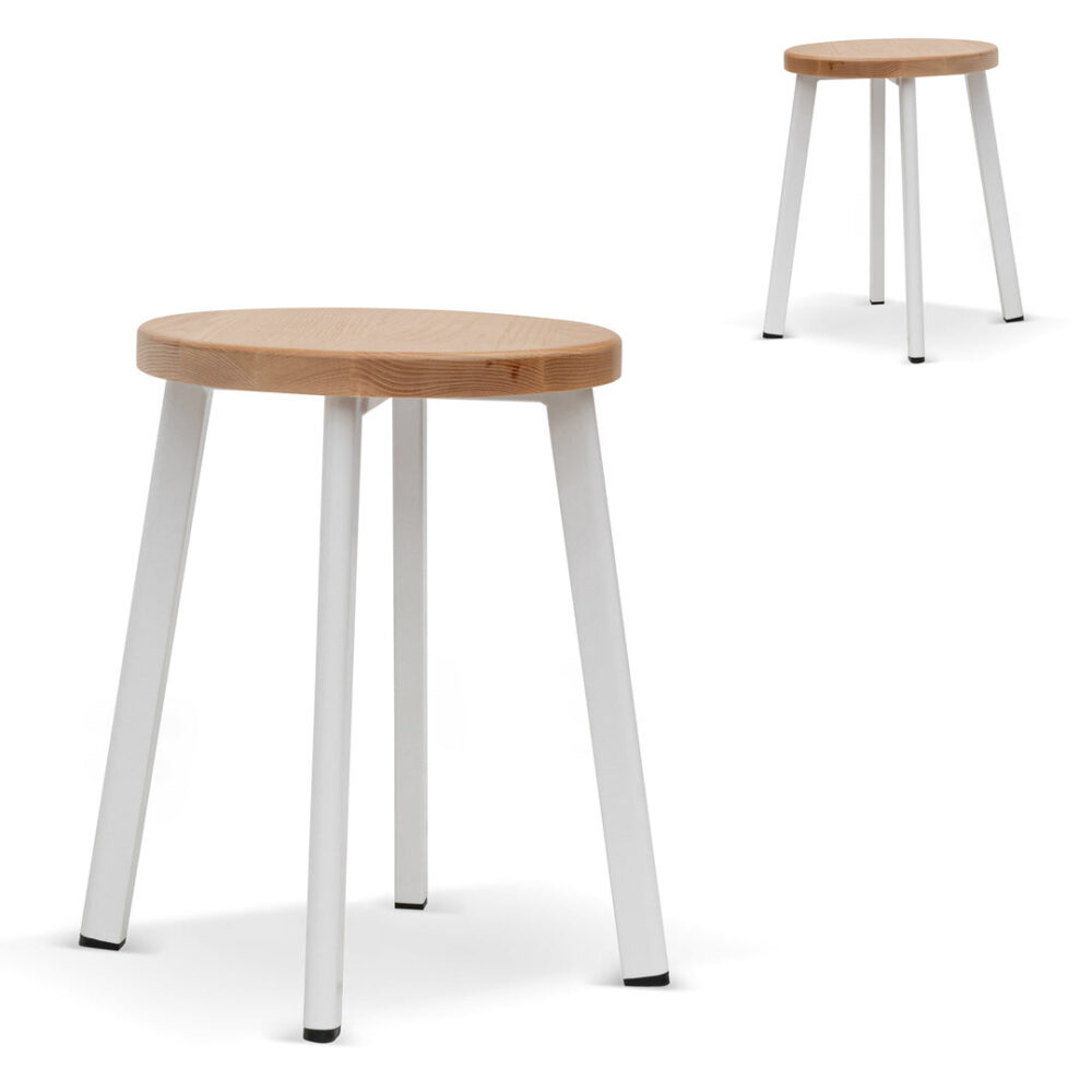 Set of 2 - James 46cm Natural Wooden Seat Low Stool - White Legs