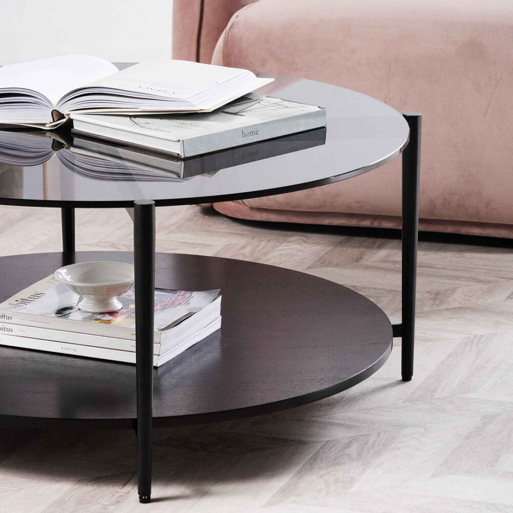 Rogan Round Grey Glass Coffee Table - Black - Image 2