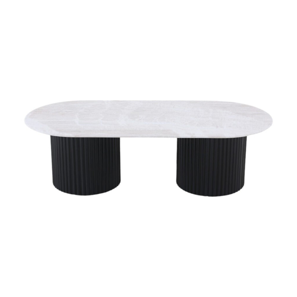 Macleod 1.3m Travertine Top Oval Coffee Table - Black Base - Image 2