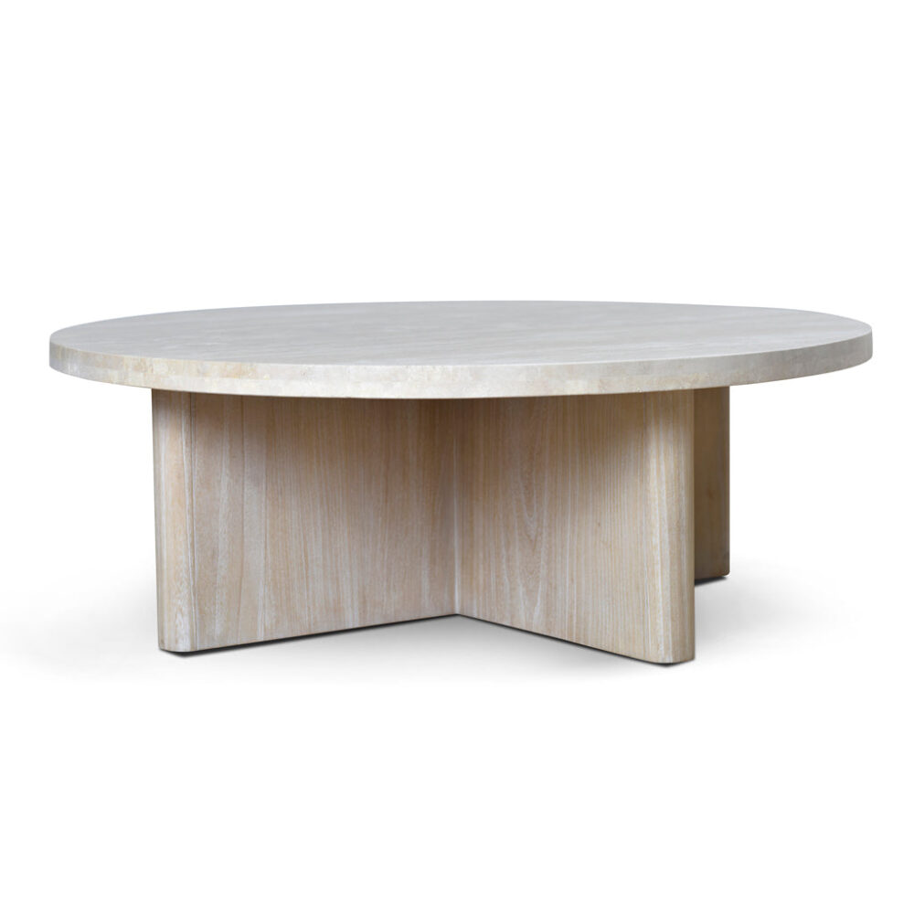 Agosti Travertine Marble 100cm Round Coffee Table - White Wash - Image 4