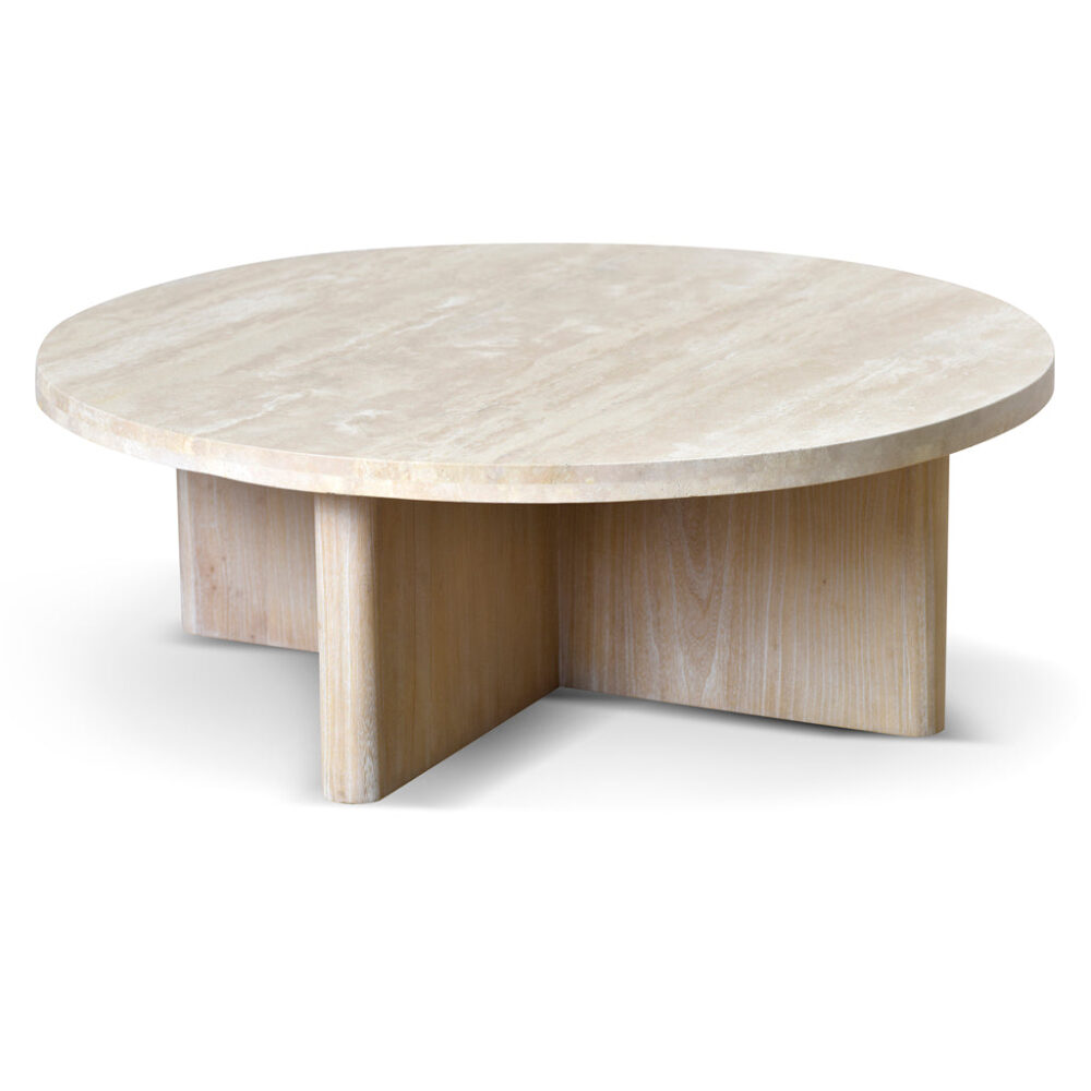 Agosti Travertine Marble 100cm Round Coffee Table - White Wash - Image 2