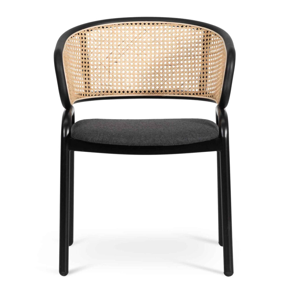 Set of 2 - Florine Fabric Dining Chair - Grey with Rattan Back - Image 3