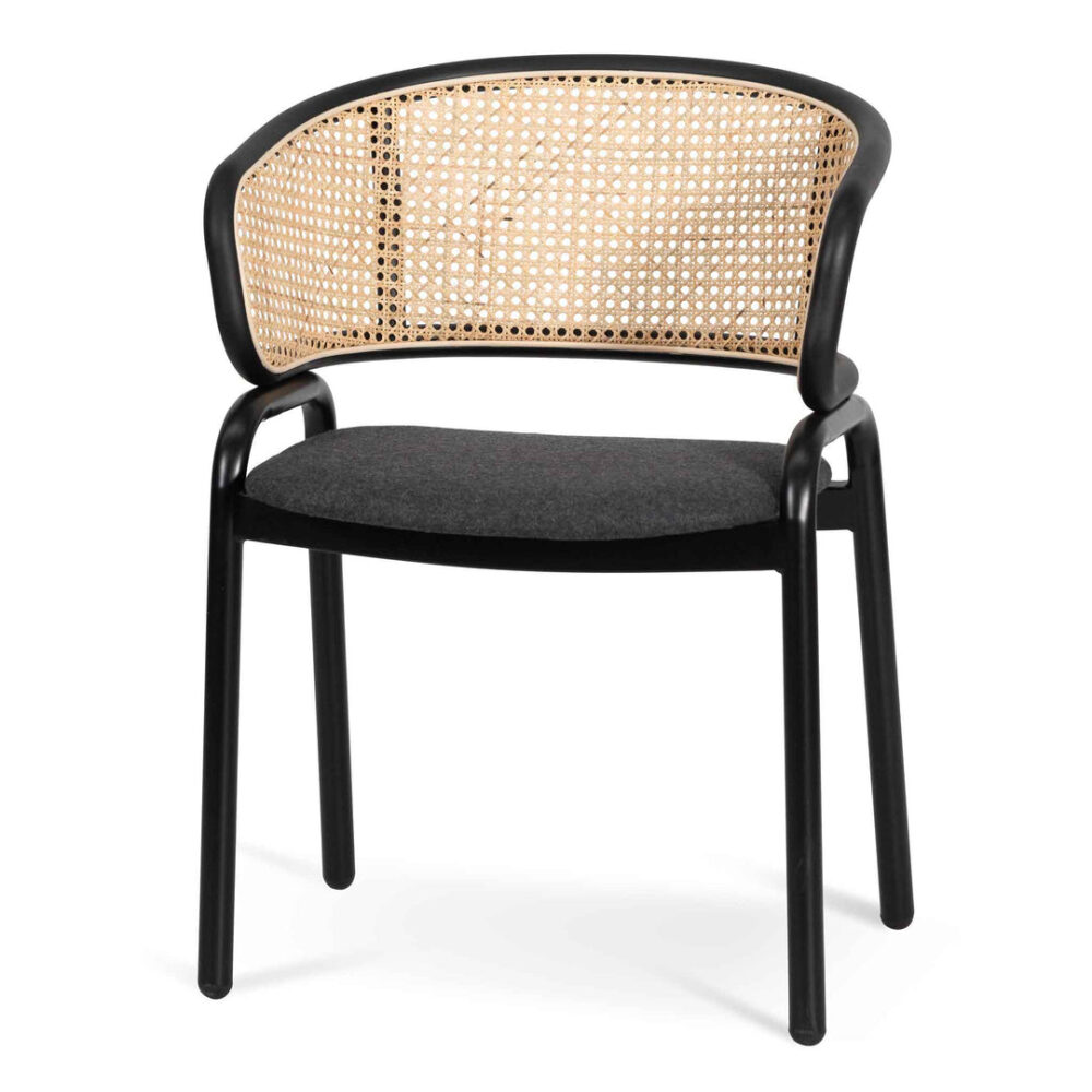 Set of 2 - Florine Fabric Dining Chair - Grey with Rattan Back - Image 2