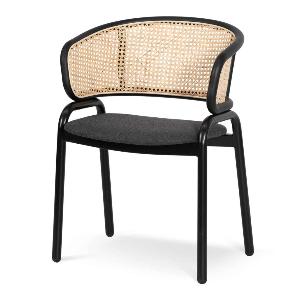 Set of 2 - Florine Fabric Dining Chair - Grey with Rattan Back - Image 4