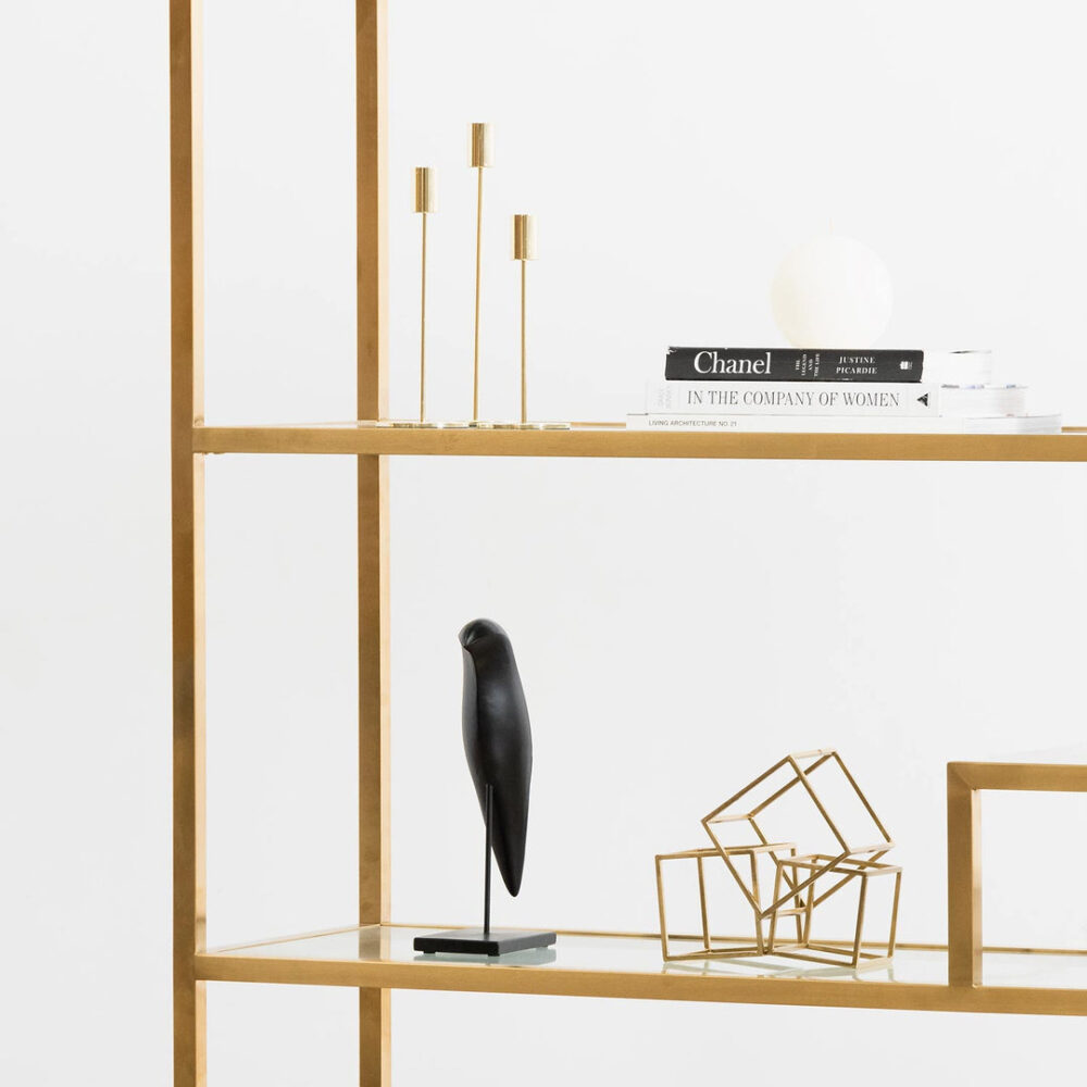 Maureen 1.4m Glass Shelving Unit - Brushed Gold Frame - Image 3