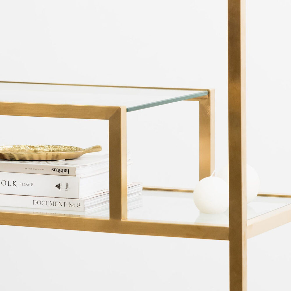 Maureen 1.4m Glass Shelving Unit - Brushed Gold Frame - Image 4