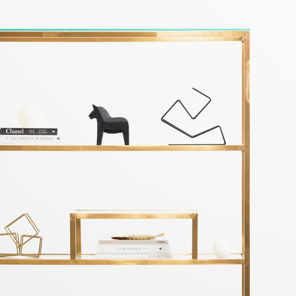 Maureen 1.4m Glass Shelving Unit - Brushed Gold Frame - Image 5