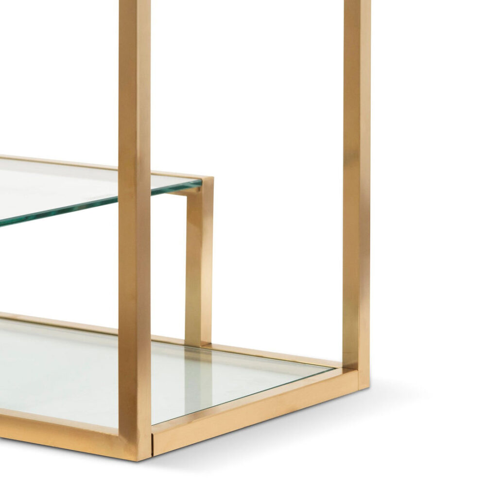 Maureen 1.4m Glass Shelving Unit - Brushed Gold Frame - Image 14