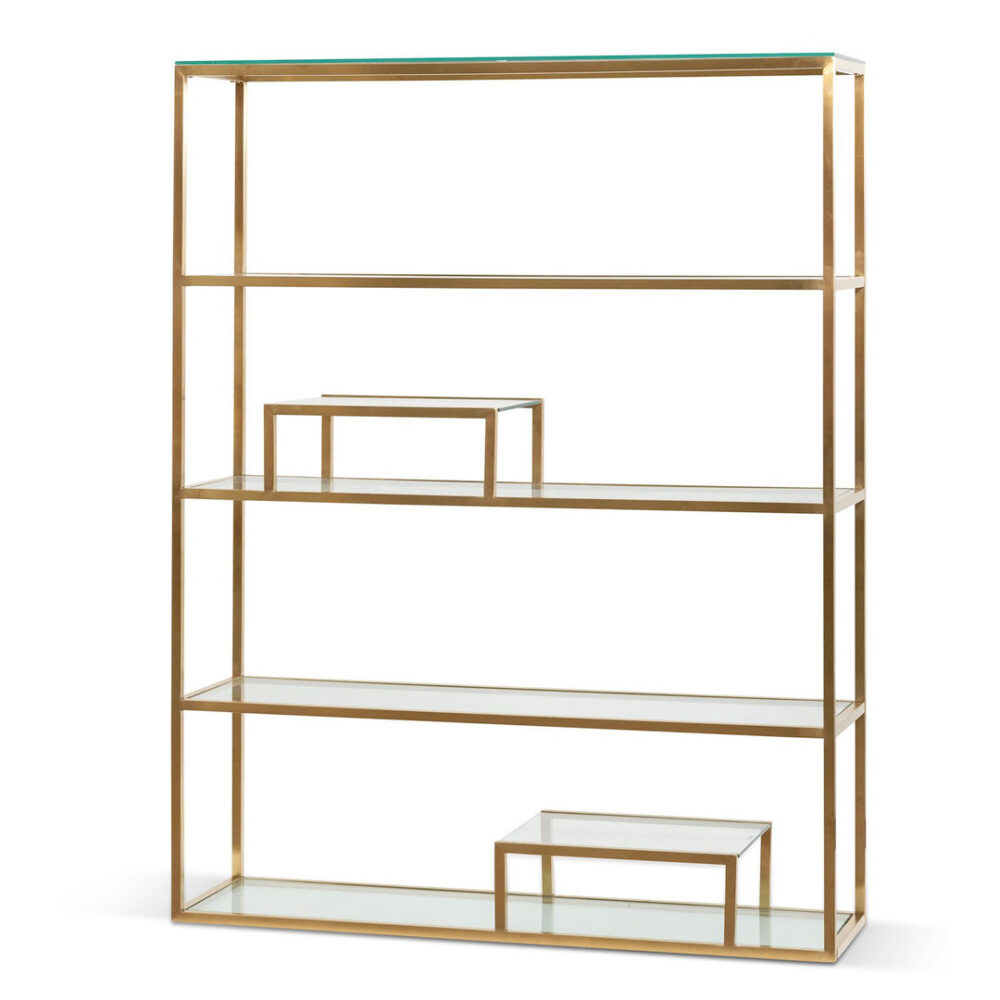 Maureen 1.4m Glass Shelving Unit - Brushed Gold Frame