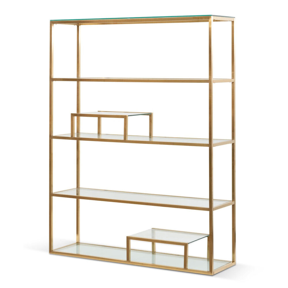 Maureen 1.4m Glass Shelving Unit - Brushed Gold Frame - Image 7