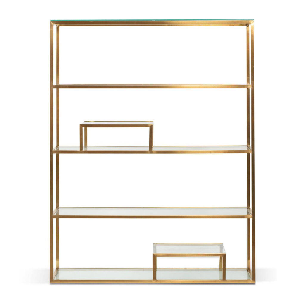 Maureen 1.4m Glass Shelving Unit - Brushed Gold Frame - Image 6