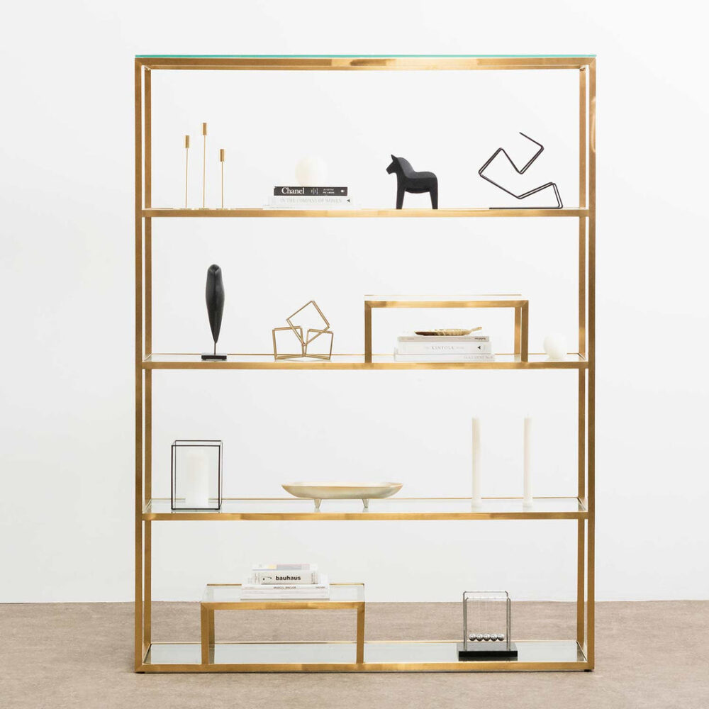 Maureen 1.4m Glass Shelving Unit - Brushed Gold Frame - Image 2
