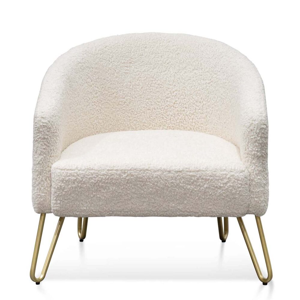 Lena Armchair - Ivory White Synthetic Wool with Golden Legs - Image 2