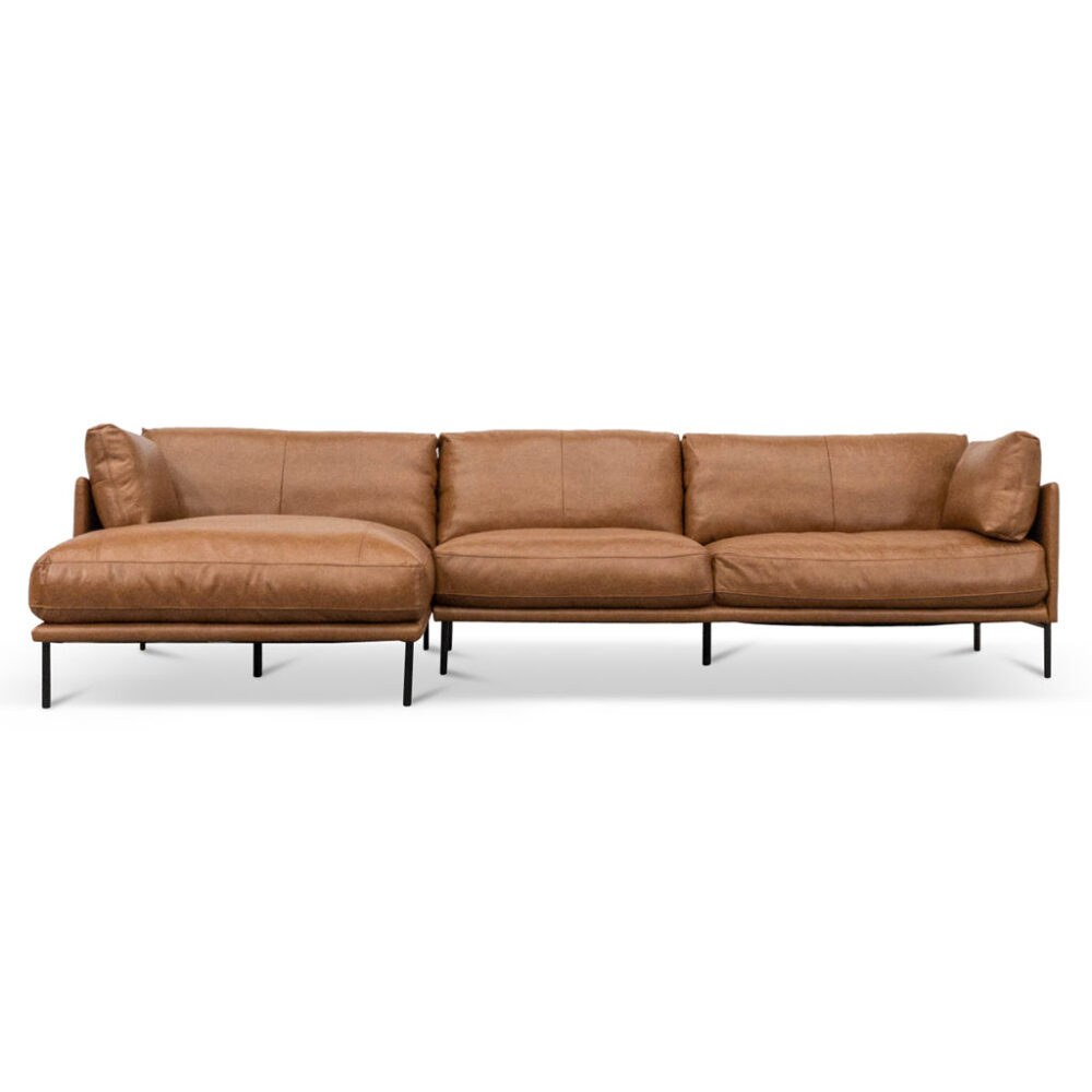 Emilis 4 Seater Left Chaise Leather Sofa - Caramel Brown - Image 2