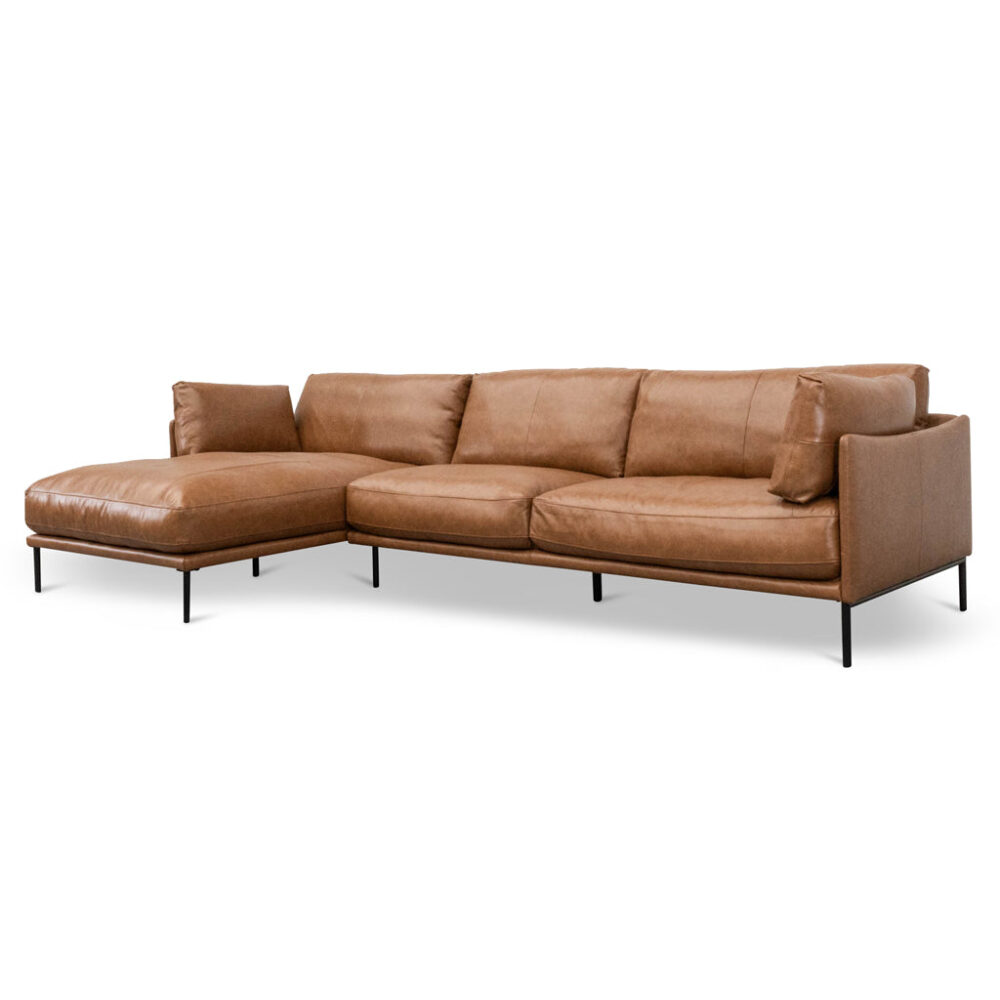 Emilis 4 Seater Left Chaise Leather Sofa - Caramel Brown - Image 3
