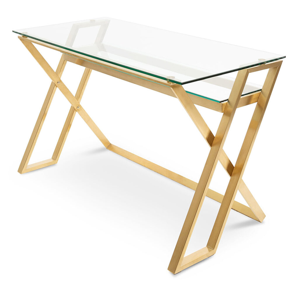 Vanessa 120cm Glass Home Office Desk - Brushed Gold Base