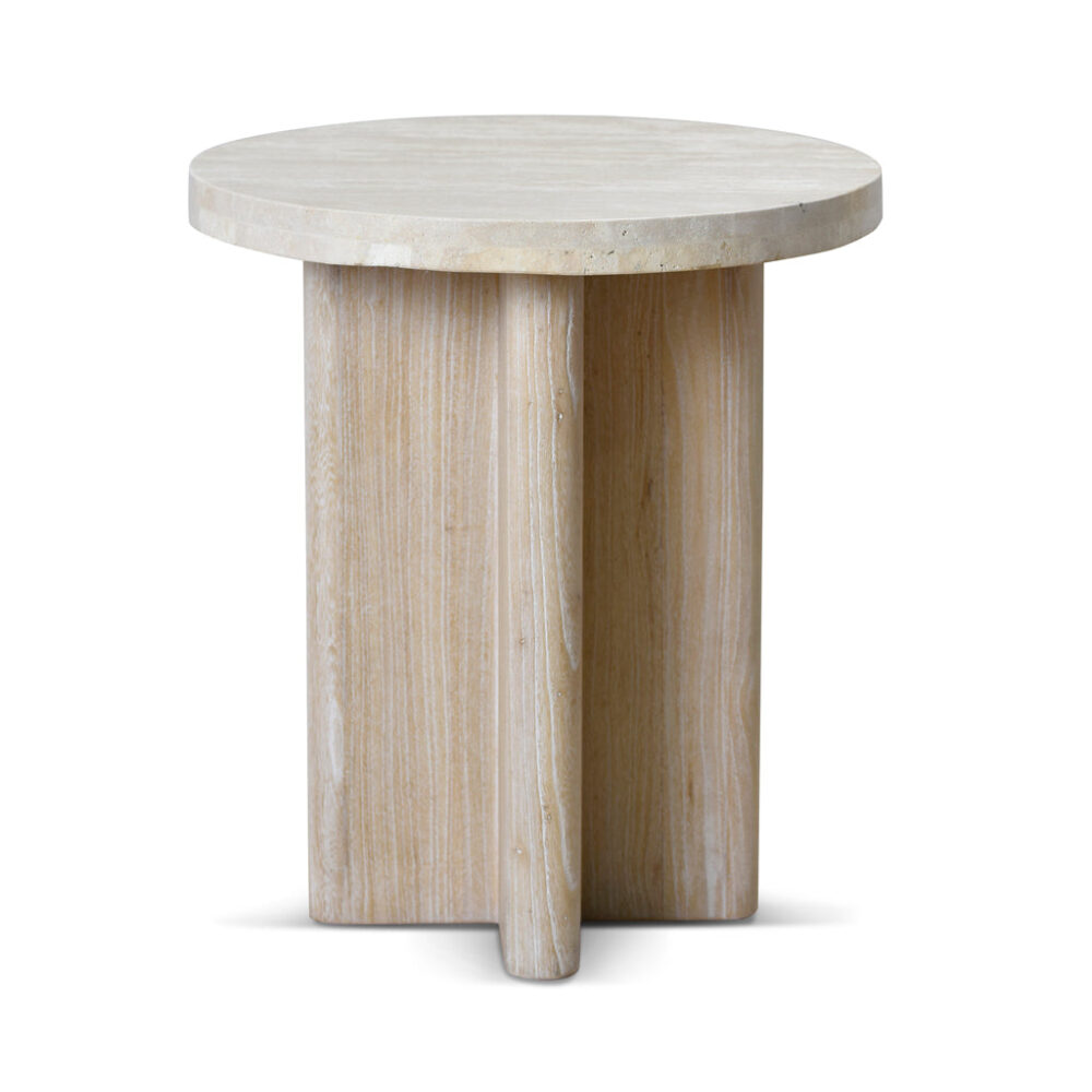 Agosti Travertine Marble Round Side Table - White Wash - Image 2
