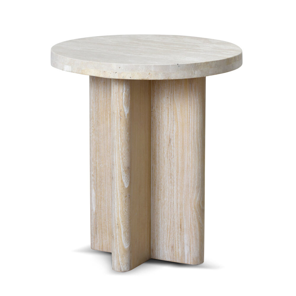 Agosti Travertine Marble Round Side Table - White Wash - Image 3
