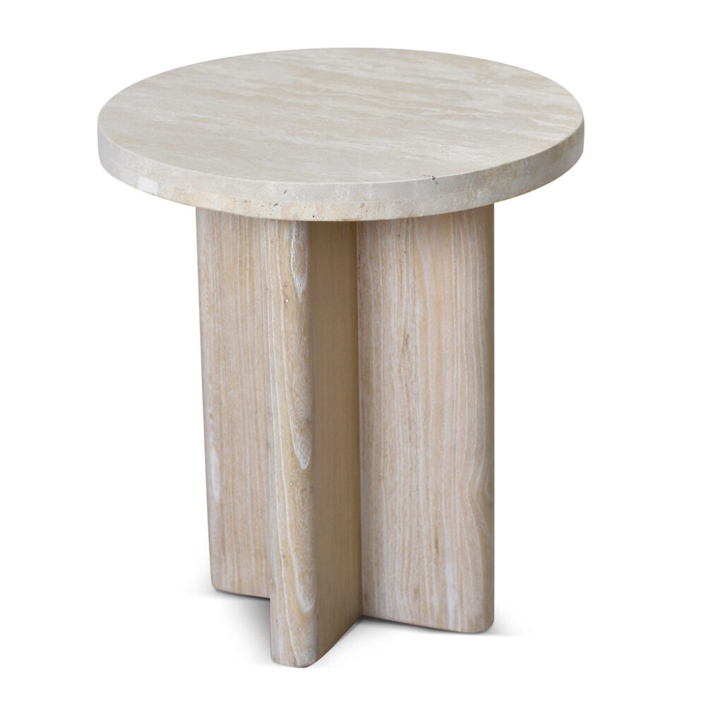 Agosti Travertine Marble Round Side Table - White Wash - Image 4