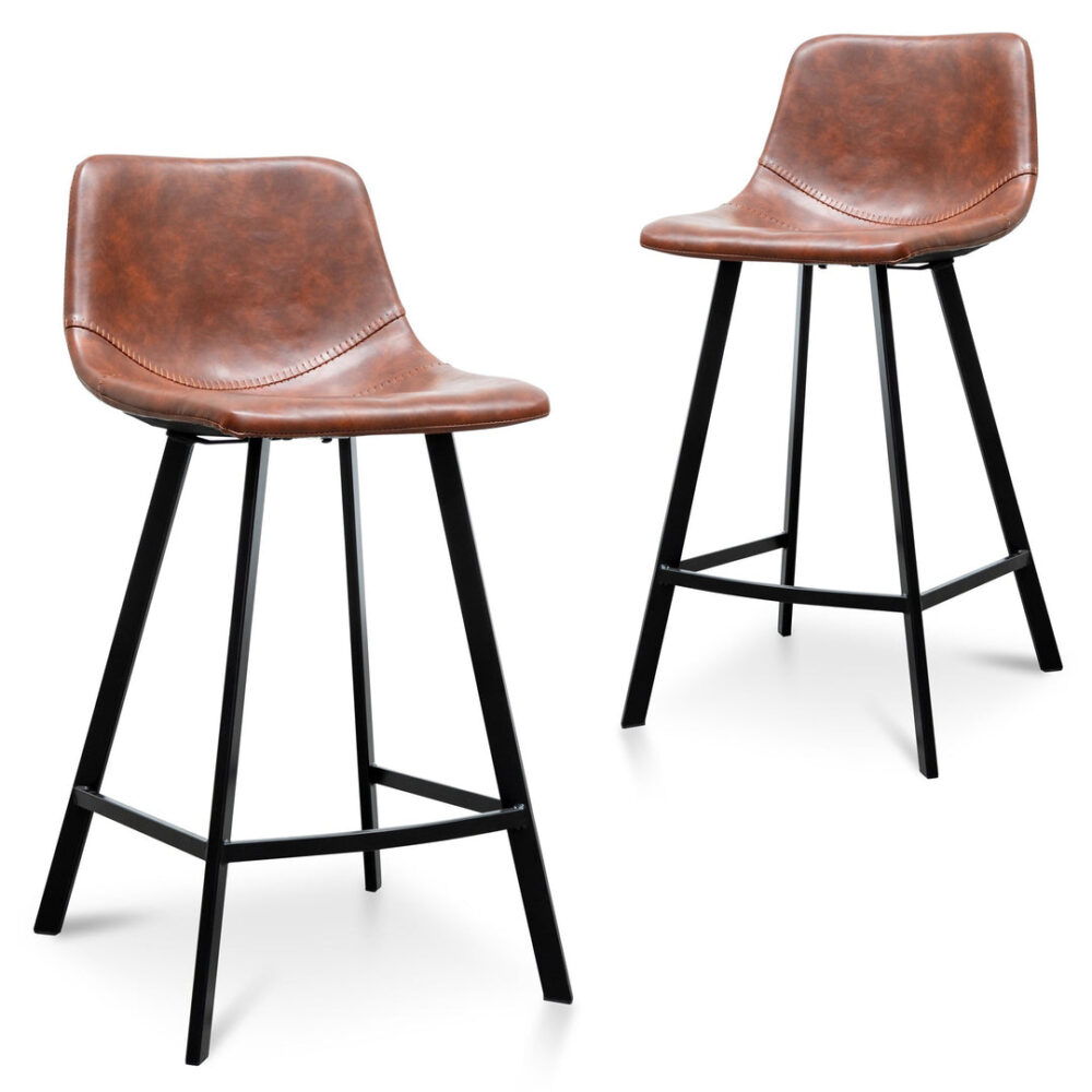 Set Of 2 - Duke 65cm Bar Stool - Cinnamon Brown PU Leather