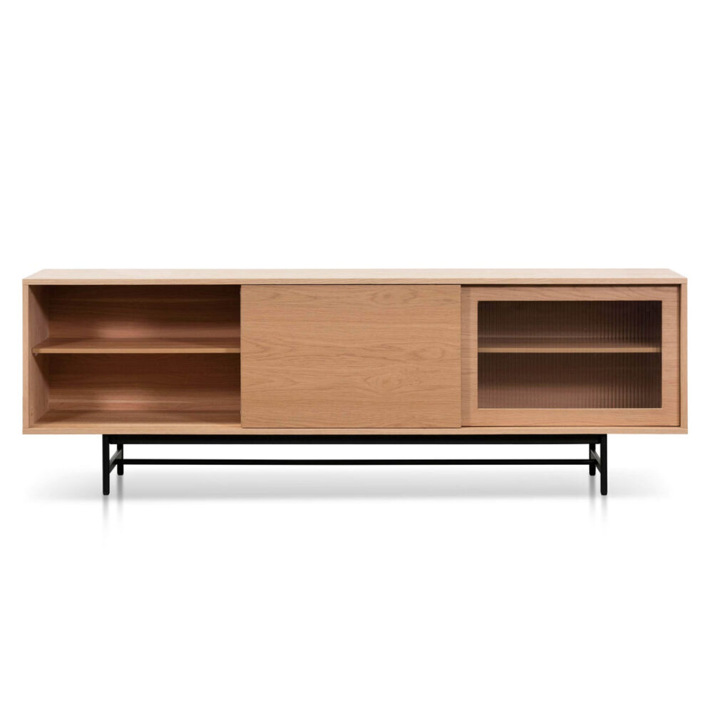 Sergio 2.1m Wooden Entertainment TV Unit - Natural with Flute Glass Door - Image 3