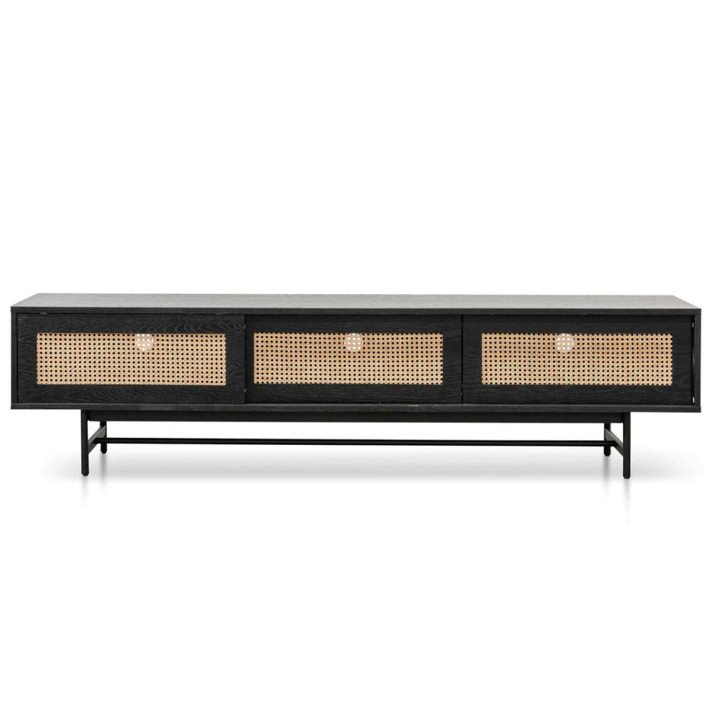 Debora 2m Oak TV Entertainment Unit - Black with Natural Rattan Doors - Image 2