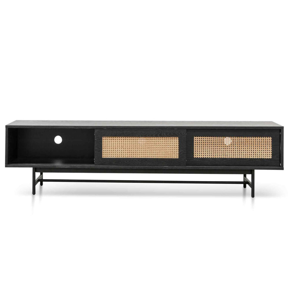 Debora 2m Oak TV Entertainment Unit - Black with Natural Rattan Doors - Image 3