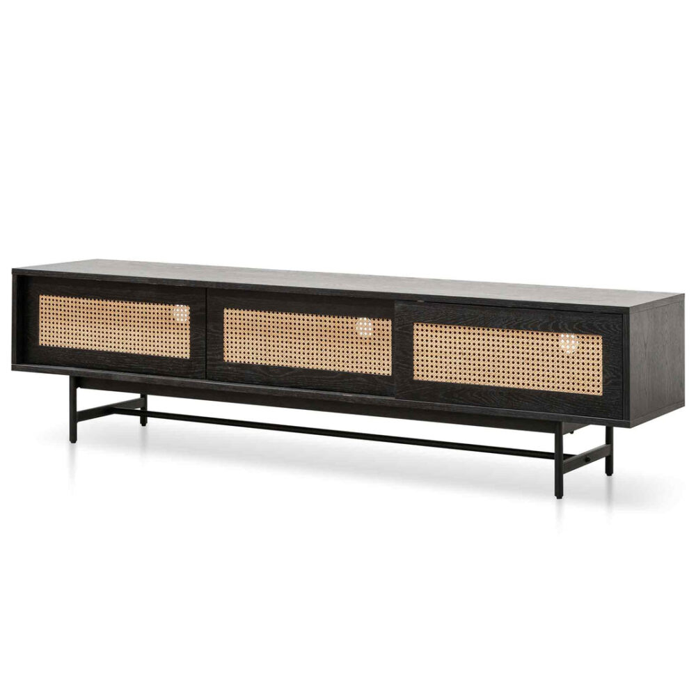 Debora 2m Oak TV Entertainment Unit - Black with Natural Rattan Doors