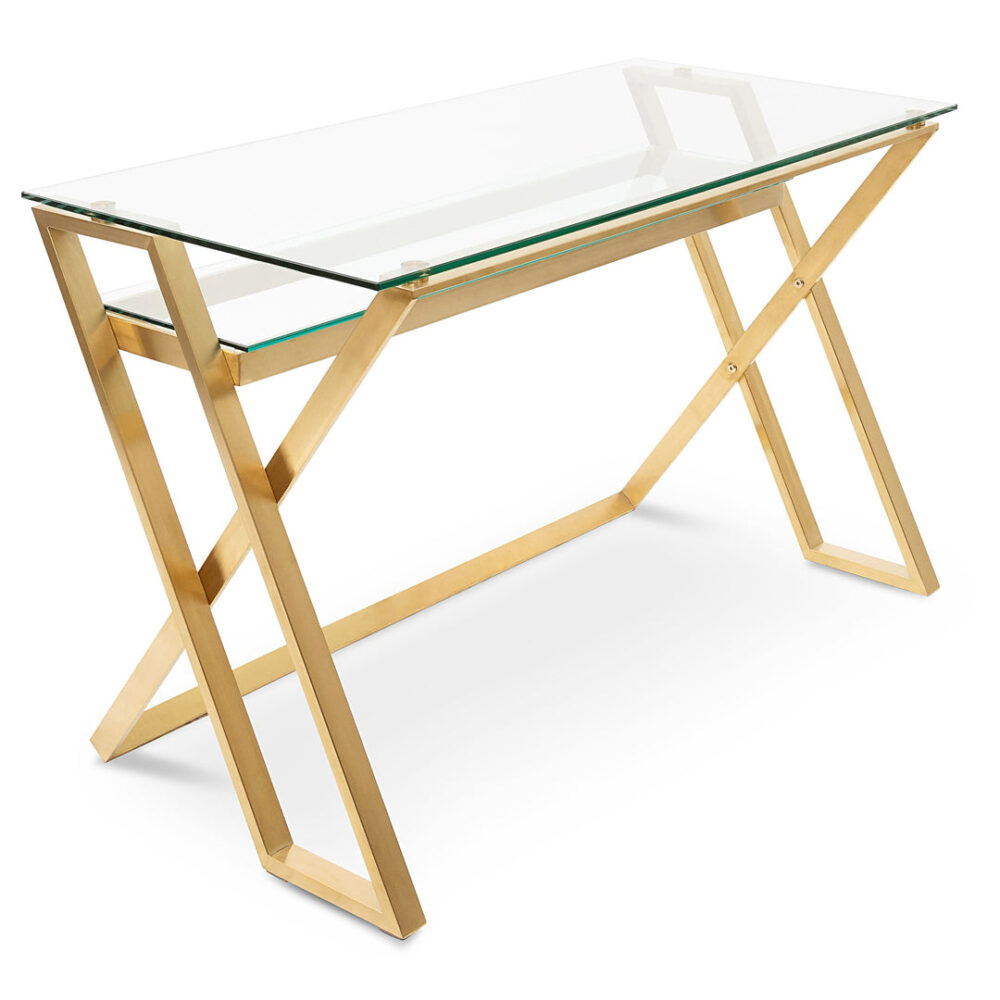 Vanessa 120cm Glass Home Office Desk - Brushed Gold Base - Image 3