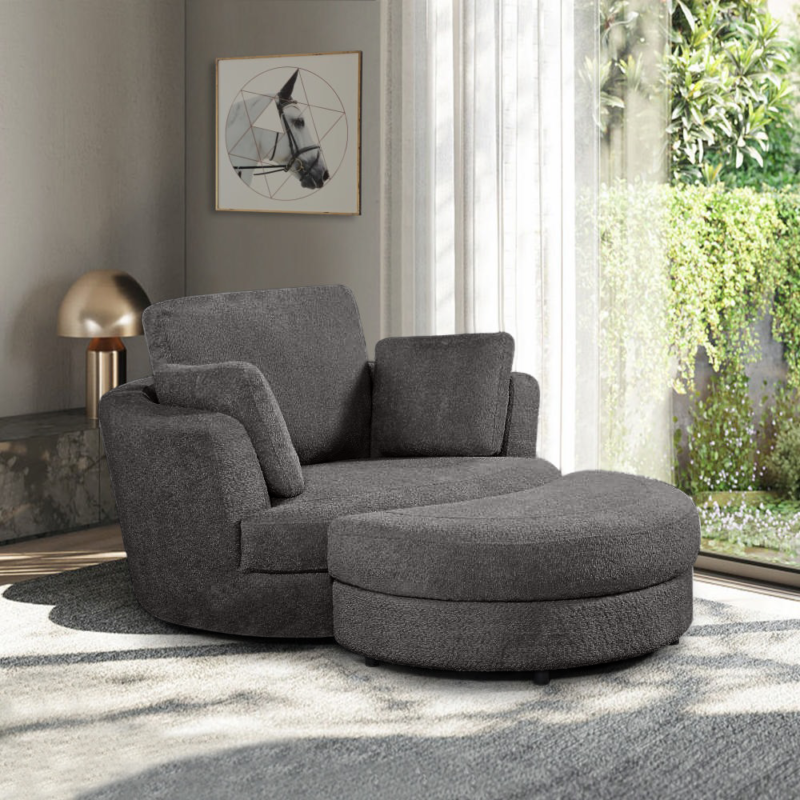 Cuddle Swivel Chair & Ottoman in Boucle Charcoal Fabric