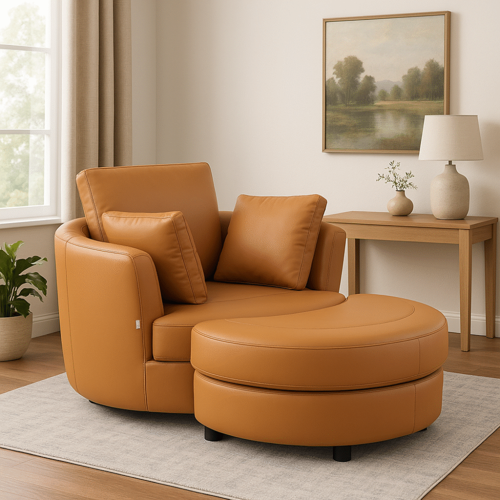 Cuddle Petite Swivel Chair & Ottoman in Plush Tan