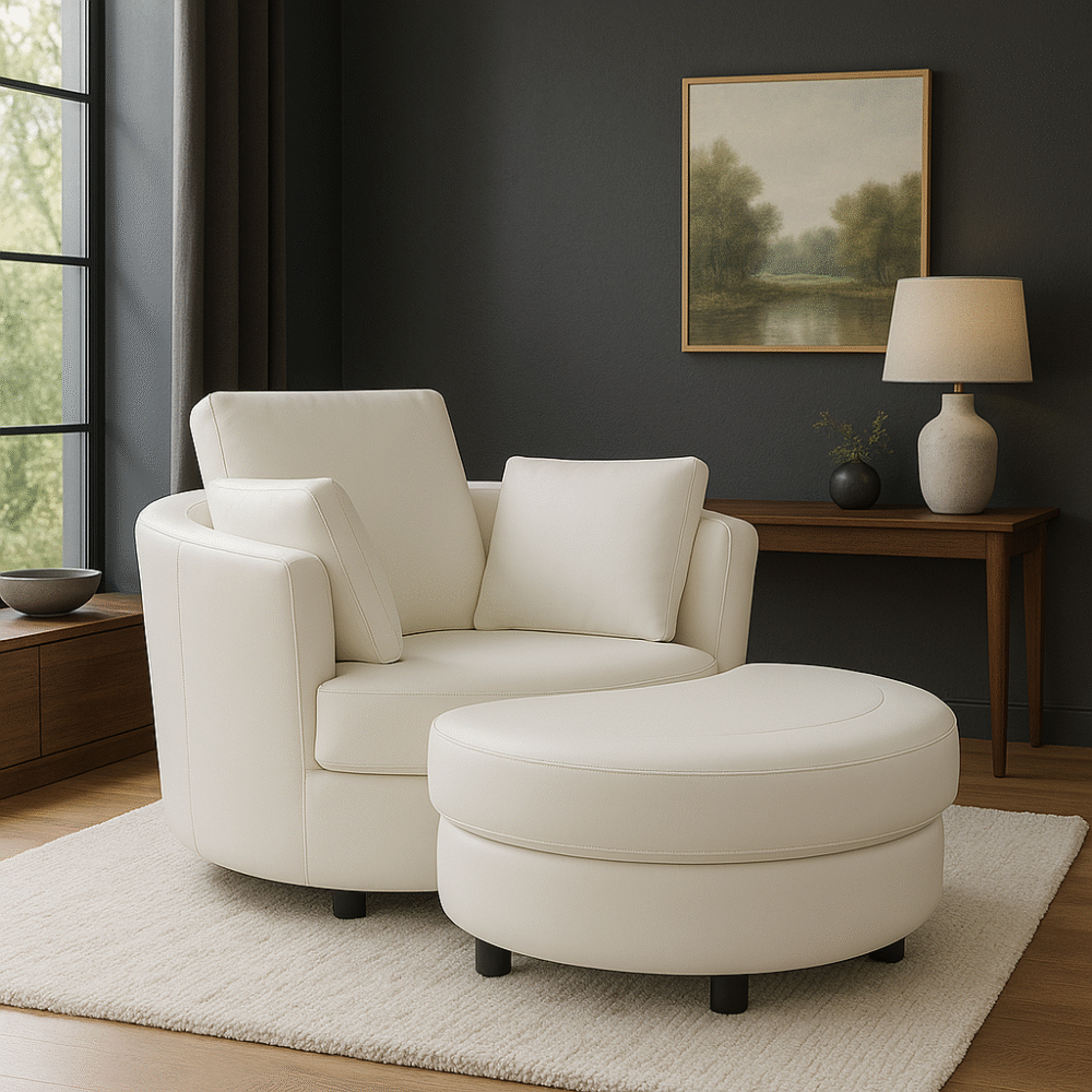Cuddle Petite Swivel Chair & Ottoman in Plush Cream
