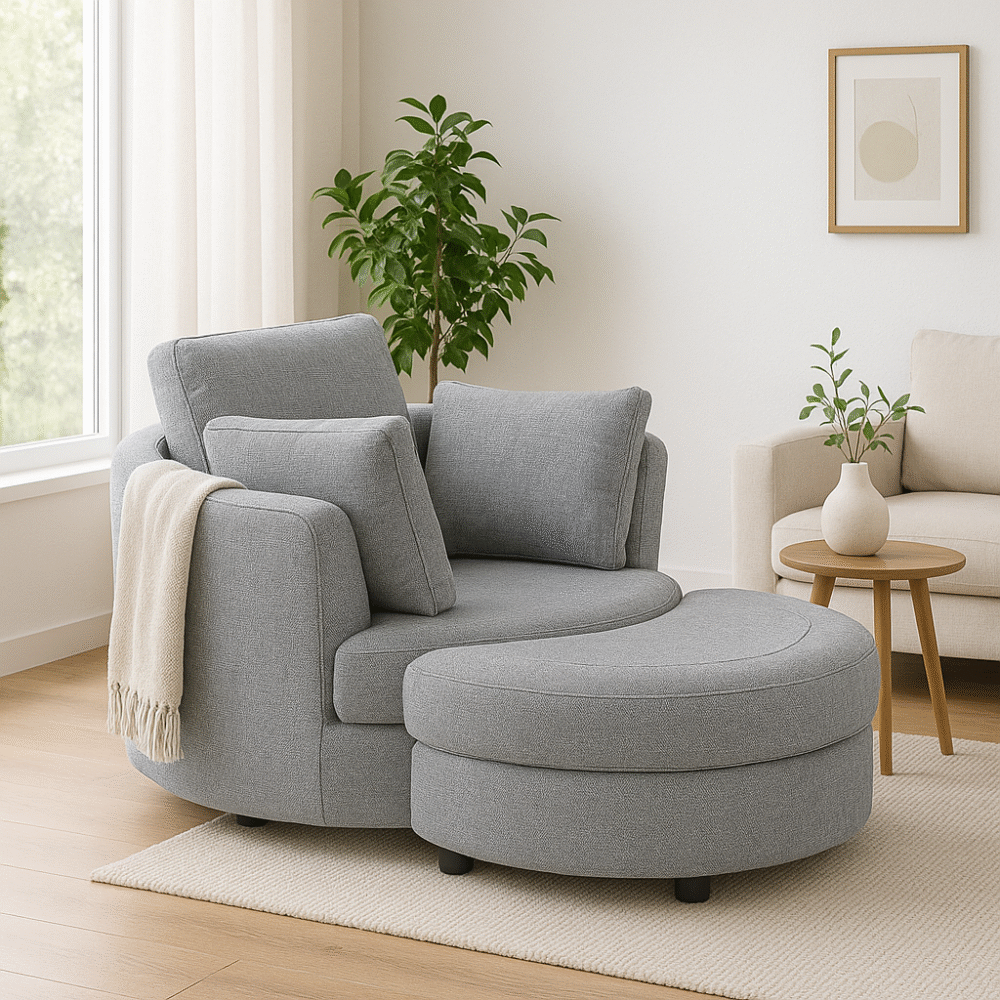 Cuddle Petite Swivel Chair & Ottoman in Byron Ash