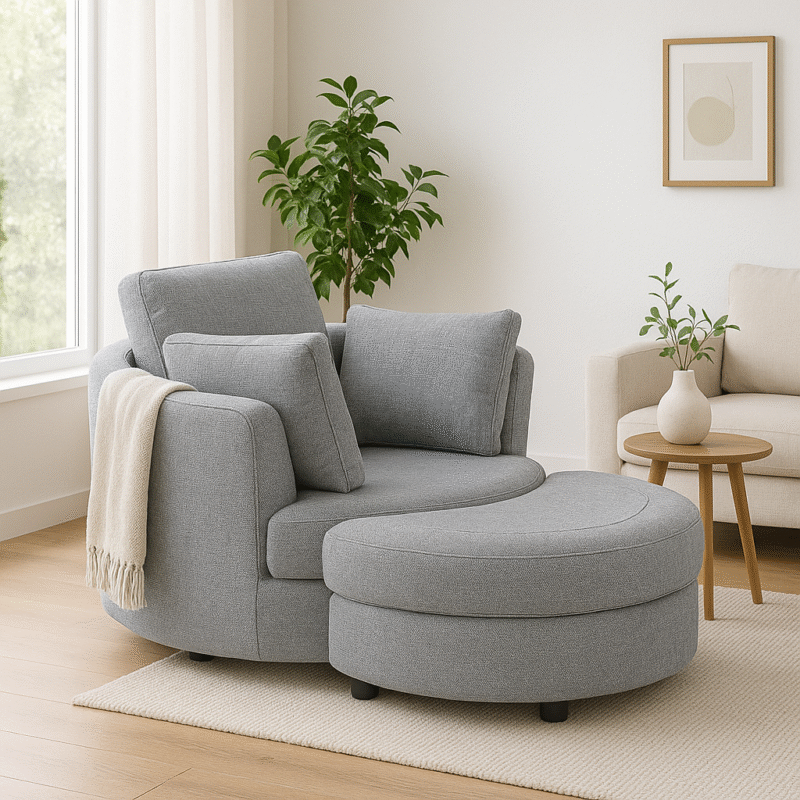 Cuddle Petite Swivel Chair & Ottoman in Byron Ash