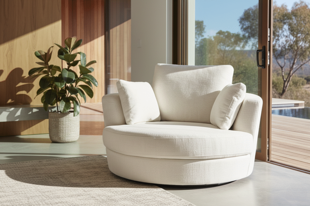 Cuddle Swivel Chair in Byron Ivory Fabric - Image 2