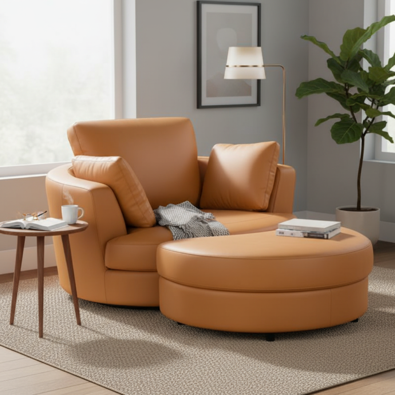 Cuddle Swivel Chair & Ottoman in Plush Tan