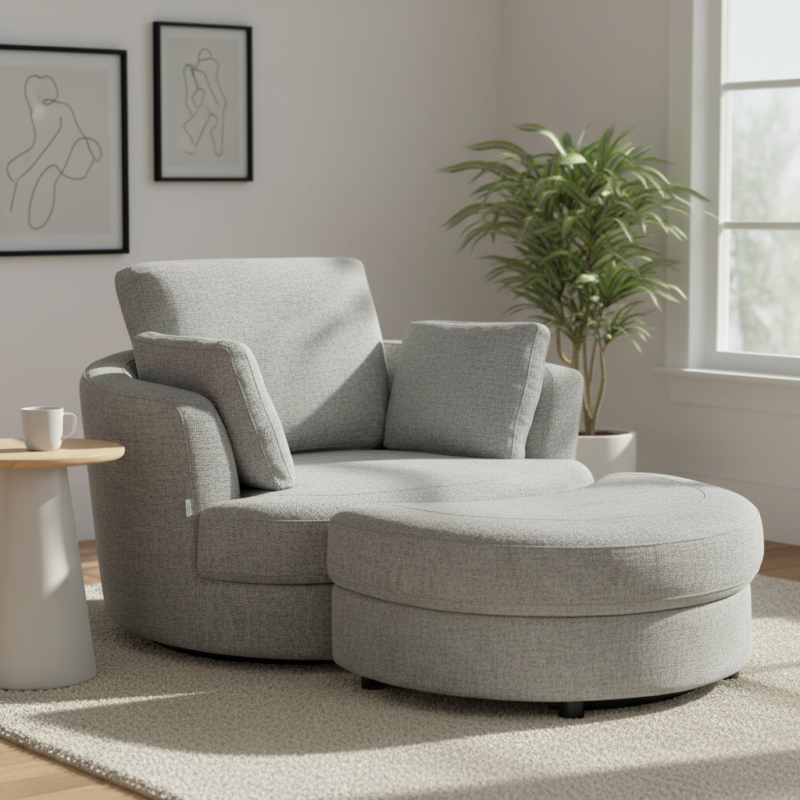 Cuddle Swivel Chair in Byron Sea Green Fabric + Ottoman